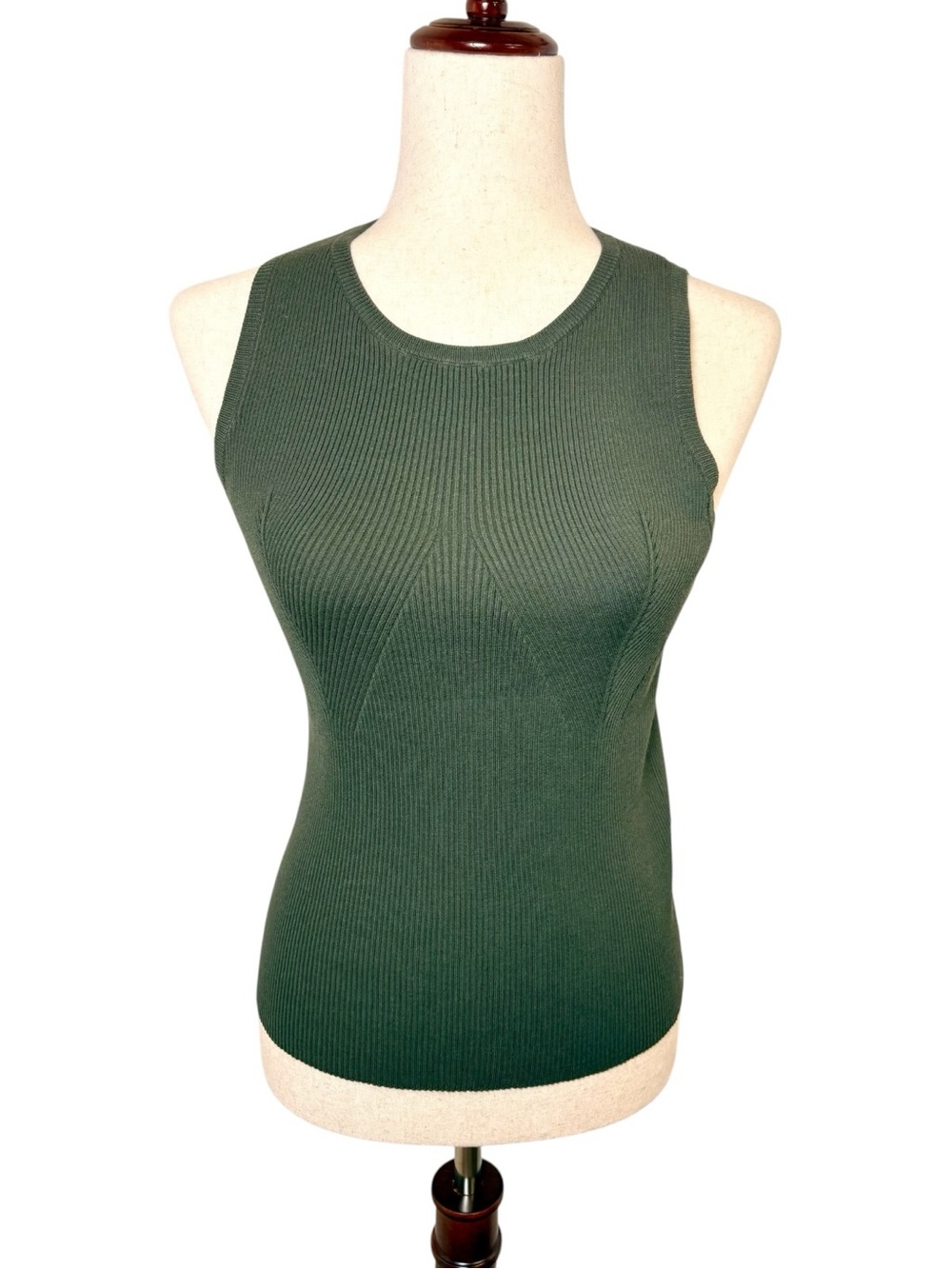 Olive Green Ribbed Knit Sleeveless Sweater Tank Minimalist Office Medium